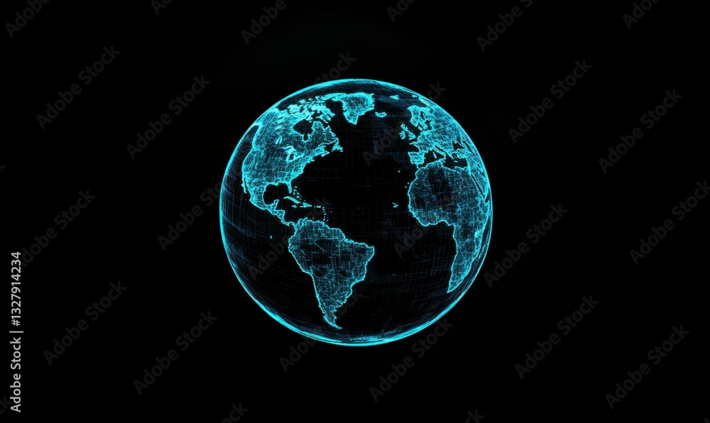 Poster digital technology and global network concept with a blue, glowing digital world map on a black back