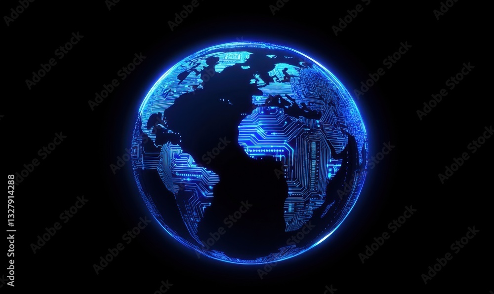 Poster digital technology and global network concept with a blue, glowing digital world map on a black back