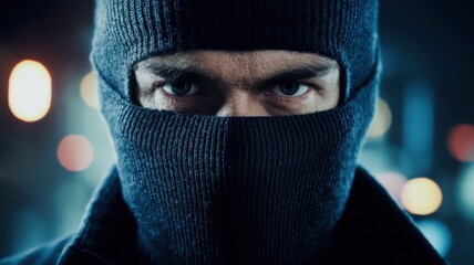 Close-up of a person wearing a dark balaclava, intense gaze, blurred city lights in the background.