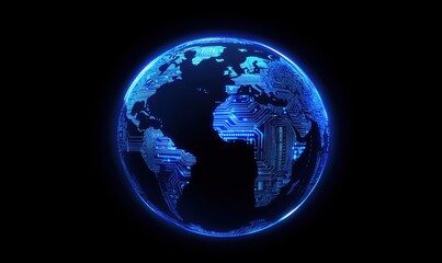 Fototapeta premium Digital technology and global network concept with a blue, glowing digital world map on a black background Earth globe cyber connection design Generative AI