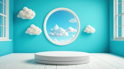 Bright room with clouds and a circular window view.
