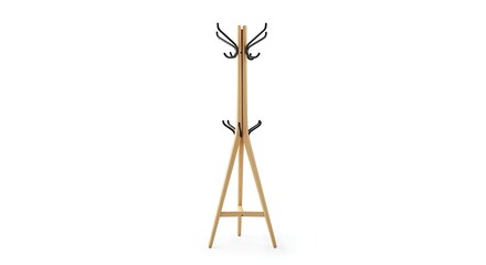 Minimalist freestanding coat rack with wooden frame and black metal hooks