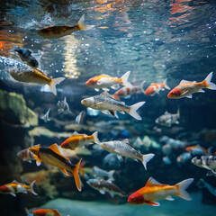 A vibrant underwater scene with colorful fish swimming gracefully.  The variety of colors and species creates a dynamic and lively atmosphere.