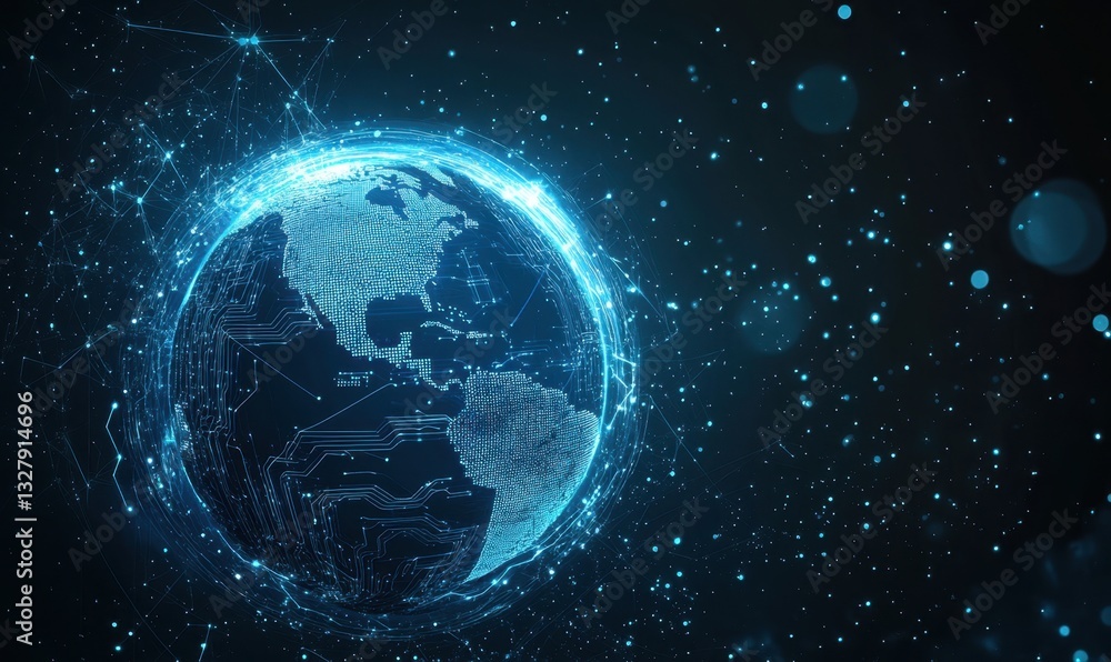 Poster digital technology and global network concept with a blue, glowing digital earth globe on a black ba