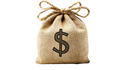 Burlap money bag tied at the top with a bold dollar sign printed on it, symbolizing wealth and financial security, isolated on transparent background 