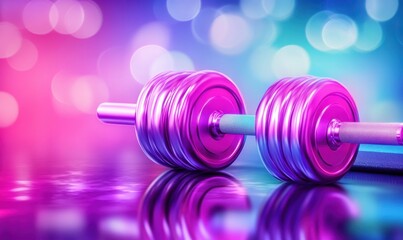 Neon-lit dumbbell on reflective surface, fitness background, gym ad