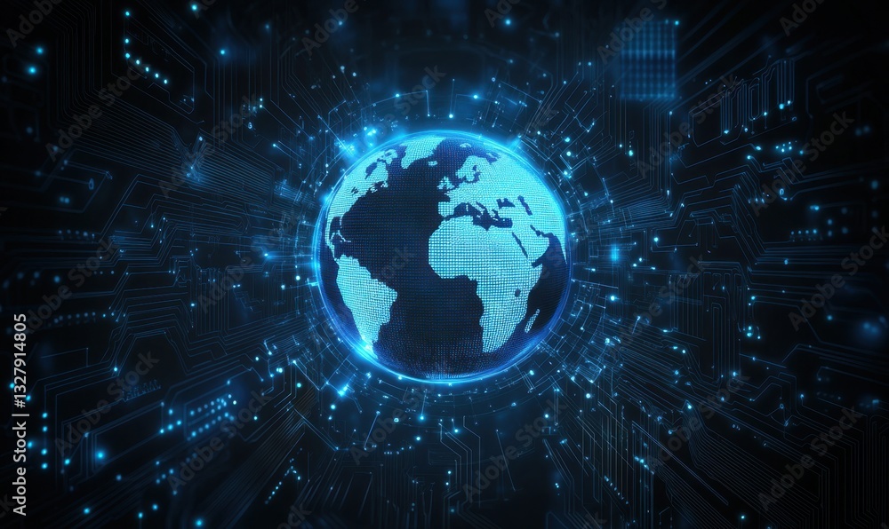 Poster digital technology background with a blue glowing digital globe and circuit board elements on a dark