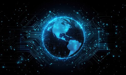 Obraz premium Digital technology and global network concept with a blue, glowing digital Earth globe on a black background depicts data transfer or connectivity in the form of a planet Earth Generative AI