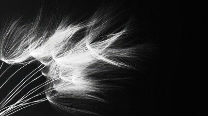 Close up image showing white seed heads against a black background