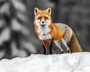 Obraz premium Monochrome winter landscape with a red fox standing in the snow blending nature and contrast