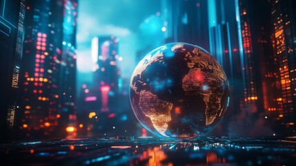 Fototapeta premium Futuristic Cityscape at Night with Glowing Digital Globe