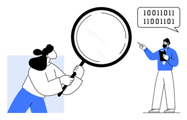 Woman holding a large magnifying glass, investigating data man points to binary code in speech bubble. Ideal for analysis, research, problem-solving, teamwork, communication, technology data. Flat