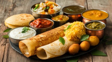 Varied South Indian Cuisine on Wooden Table