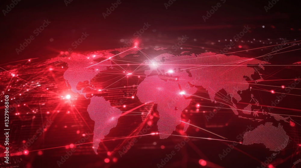 Poster global network connections: red illuminated world map digital background