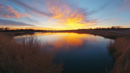 Vibrant Sunset Reflecting on Calm Lake Water