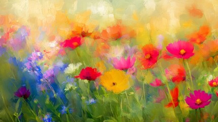 Obraz premium Vibrant Colorful Cosmos Flower Field Painting