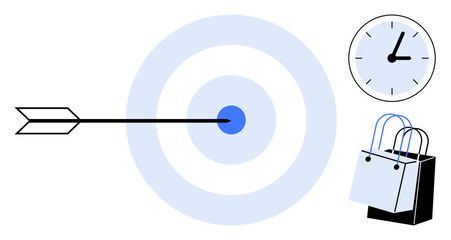 Arrow hits bullseye, clock shows time, shopping bags symbolize accomplishment and goals. Ideal for productivity, success, time management, focus, goal setting, strategic planning reward systems