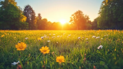 Obraz premium Sunset over a park meadow filled with wildflowers