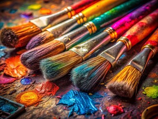 Fototapeta premium Low Light Art Therapy: Close-up of Well-Used Paintbrushes and Crayons