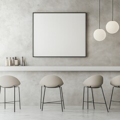 Minimalist bar interior with blank canvas, pendant lights, and stools.