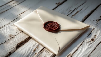 Beige envelope resting on a white wooden table surface.