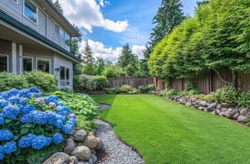 Obraz premium Lush Home Garden with Vibrant Hydrangeas, Manicured Lawn, and Charming Rock Path on a Sunny Day in a Picturesque Neighborhood Setting