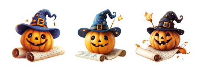 Cute Halloween Pumpkins with Blue Witch Hats and Scrolls for Decoration