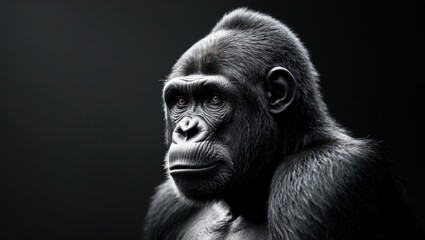 Fototapeta premium Black and white portrait of a chimpanzee with a thoughtful expression.