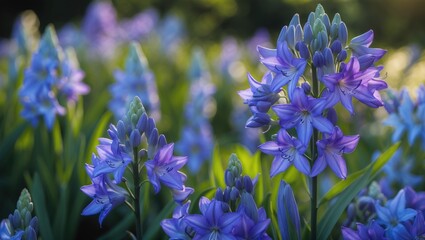 Fototapeta premium Blue agapanthus or lily of the Nile flowers are blooming during the summer season for decorative gardens.
