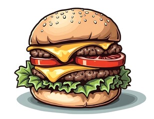 Classic food illustration in black and white, such as a burger topped with melted cheese and fresh vegetables, colored with sharp shadows to highlight every detail