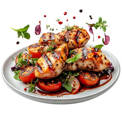 Grilled Chicken Plate with Tomato and Basil Sauce Isolated on Transparent Background
