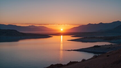 Fototapeta premium Stunning sunrise emerging over the mountains. Captured from a specific location. The sun's reflection can be seen on a sea.