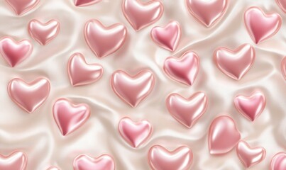Fototapeta premium Pink hearts on silk background for Valentine's Day or romance themes
