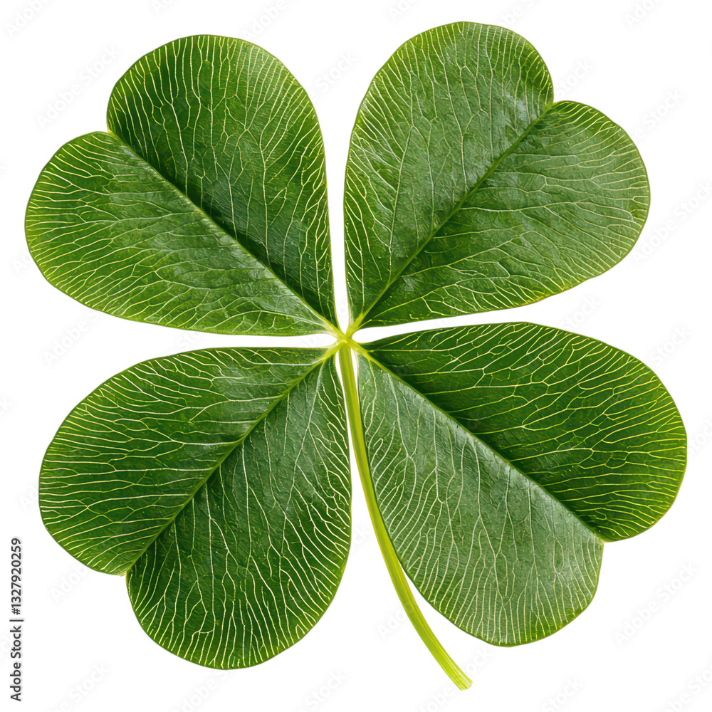 Poster lush green clover leaf with natural botanical symmetry displaying intricate vein patterns, isolated 