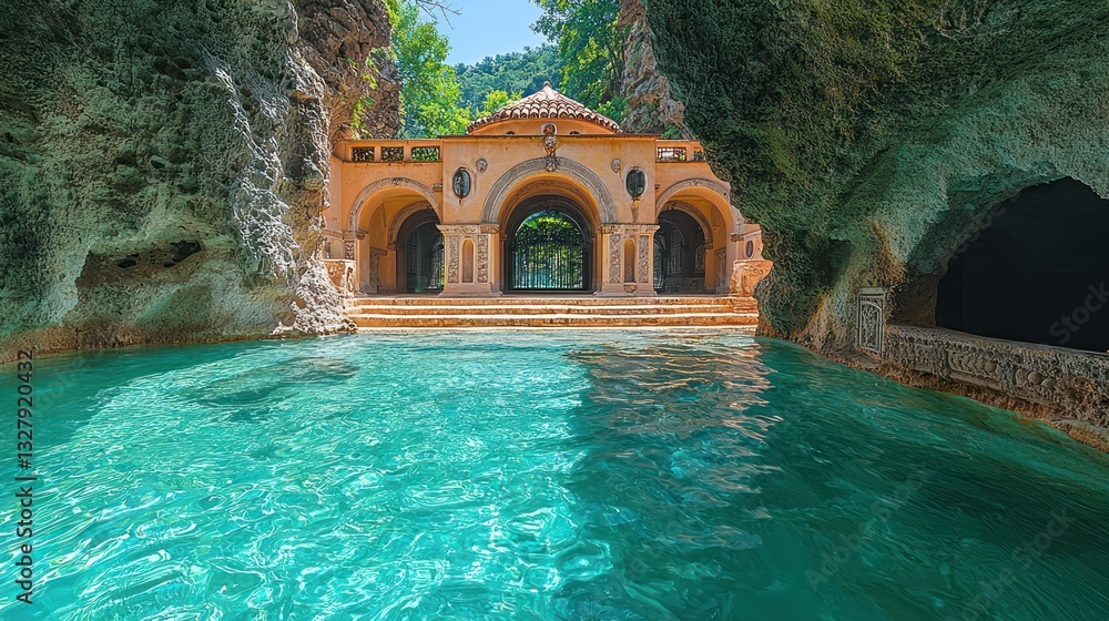 Poster turquoise pool nestled in a cave with ancient architecture.