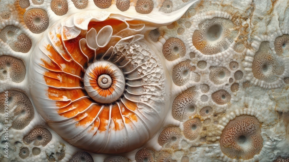 Poster a spiral shelled form with textured intricate patterns and a surface