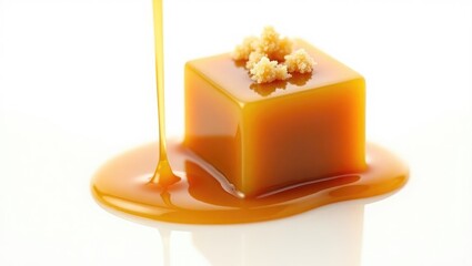 Salty caramel candy with drops of milk caramel sauce cascading from it.