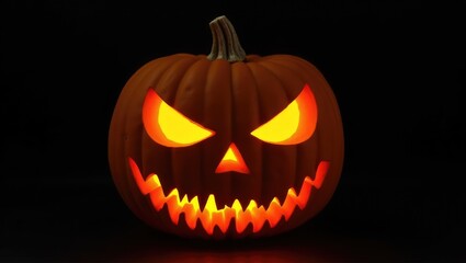Spooky pumpkin with glowing eyes against a black background. Scary pumpkin featuring an evil face, smile, and eyes on a black background.