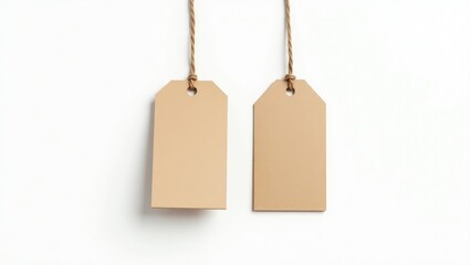 Set of two hang tags made from kraft paper, price tags or cloth labels with string, isolated against a white background. High resolution.