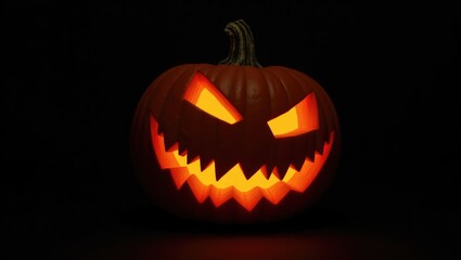 Scary pumpkin with illuminated eyes set against a black background. Spooky pumpkin featuring a sinister face, grin, and eyes on a black backdrop.