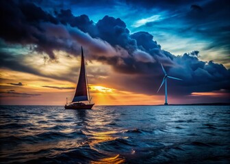 Fototapeta premium Low Light Ocean Sailboat with Offshore Wind Turbine - Dramatic Seascape Stock Photo