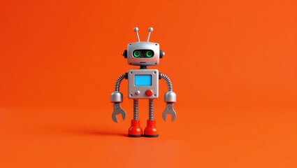 Service work maintenance theme. Robot handyman equipped with hand wrench and pliers against a red background. Copy space available.