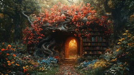Enchanting autumnal forest library.