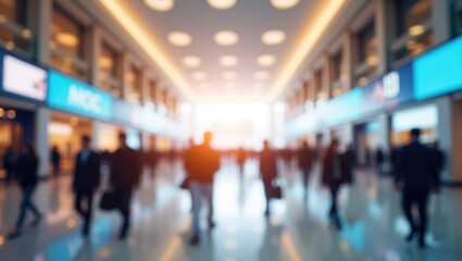 Exhibition blurred background of an event for business at a tech expo, trade fair, or museum gallery lobby featuring a blurry interior large corridor hallway in an empty white room space.