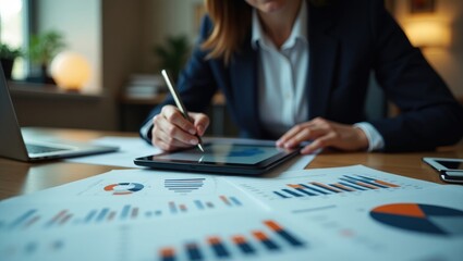 Business analyst utilizing a digital tablet to review financial statements and business reports for auditing internal control systems. Businesswoman engaged with financial documents in the office. ...