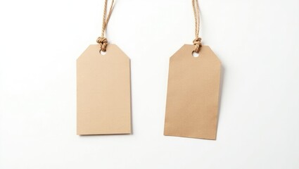 Set of two kraft paper hang tags, price tags or fabric labels with string on a white background. High resolution.