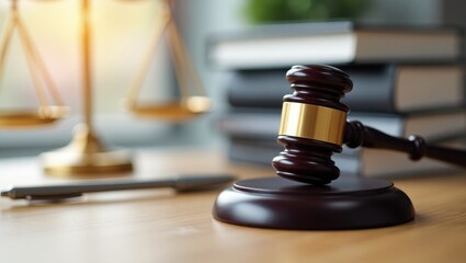 Scales of justice and Gavel resting on a wooden surface, with Lawyer or Judge engaged in agreement, Justice and Law theme.