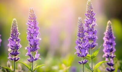 Naklejka premium Purple flowers in meadow at sunset, peaceful nature background for wellness