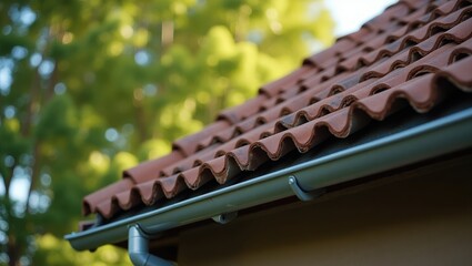 Naklejka premium Roof house building featuring a pitched roof adorned with brick tiles, showcasing the eaves clearly, and the front cornice made from galvanized steel. Roof flashing. Damage to roofs caused by bad w...