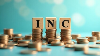 Wooden blocks displaying the letters INC are arranged on stacks of coins representing the concept of company formation, business investment, financial growth, and corporate establishment.